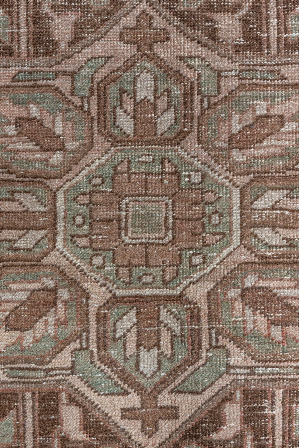 8' x 12' one-of-a-kind handmade antique Heriz large size rug. Color palette: rose, brown, ivory, taupe, sage, charcoal, pink