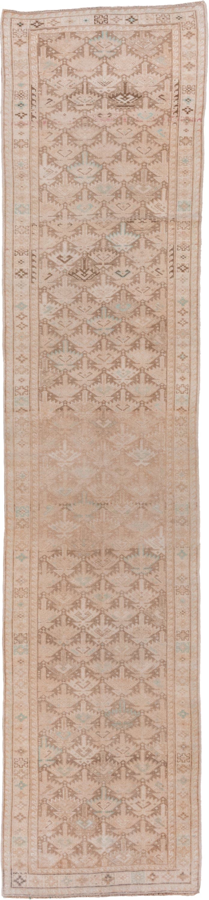 2' x 12' one-of-a-kind handmade vintage Oushak runner rug. Color palette: beige, taupe, camel, ivory, pale aqua, sand