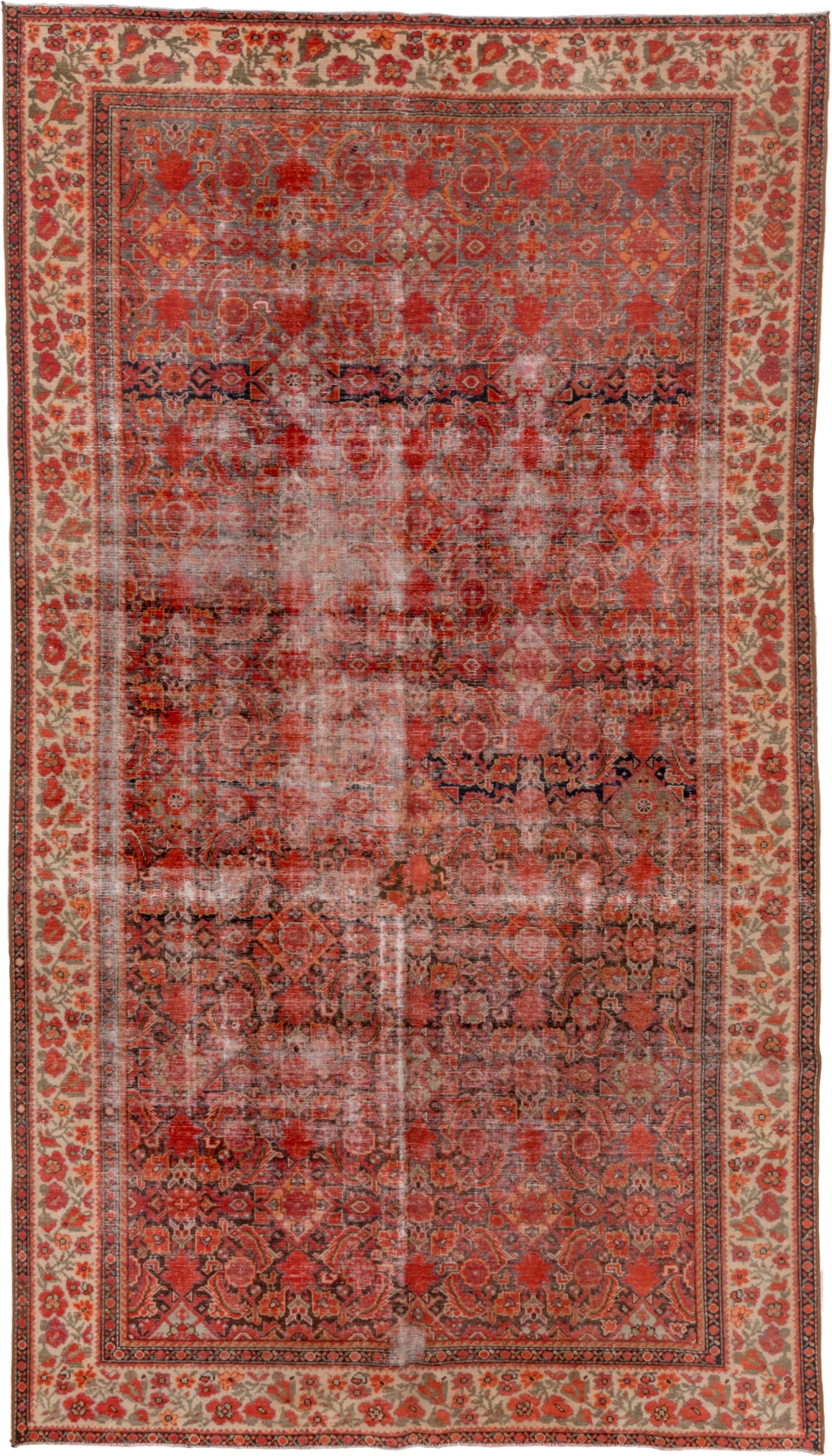5' x 9' one-of-a-kind handmade vintage Malayer medium size rug. Color palette: rust, ivory, coral, navy, terracotta, taupe
