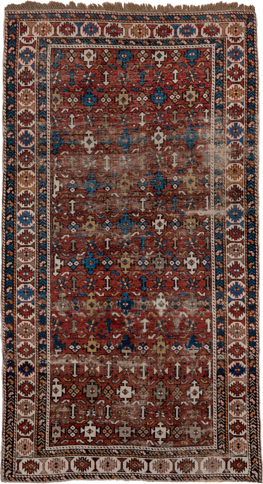 4' x 7' one-of-a-kind handmade vintage Shirvan rug. Color palette: rust, ivory, blue, camel, brown, charcoal, terracotta