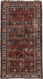 4' x 7' one-of-a-kind handmade vintage Shirvan rug. Color palette: rust, ivory, blue, camel, brown, charcoal, terracotta