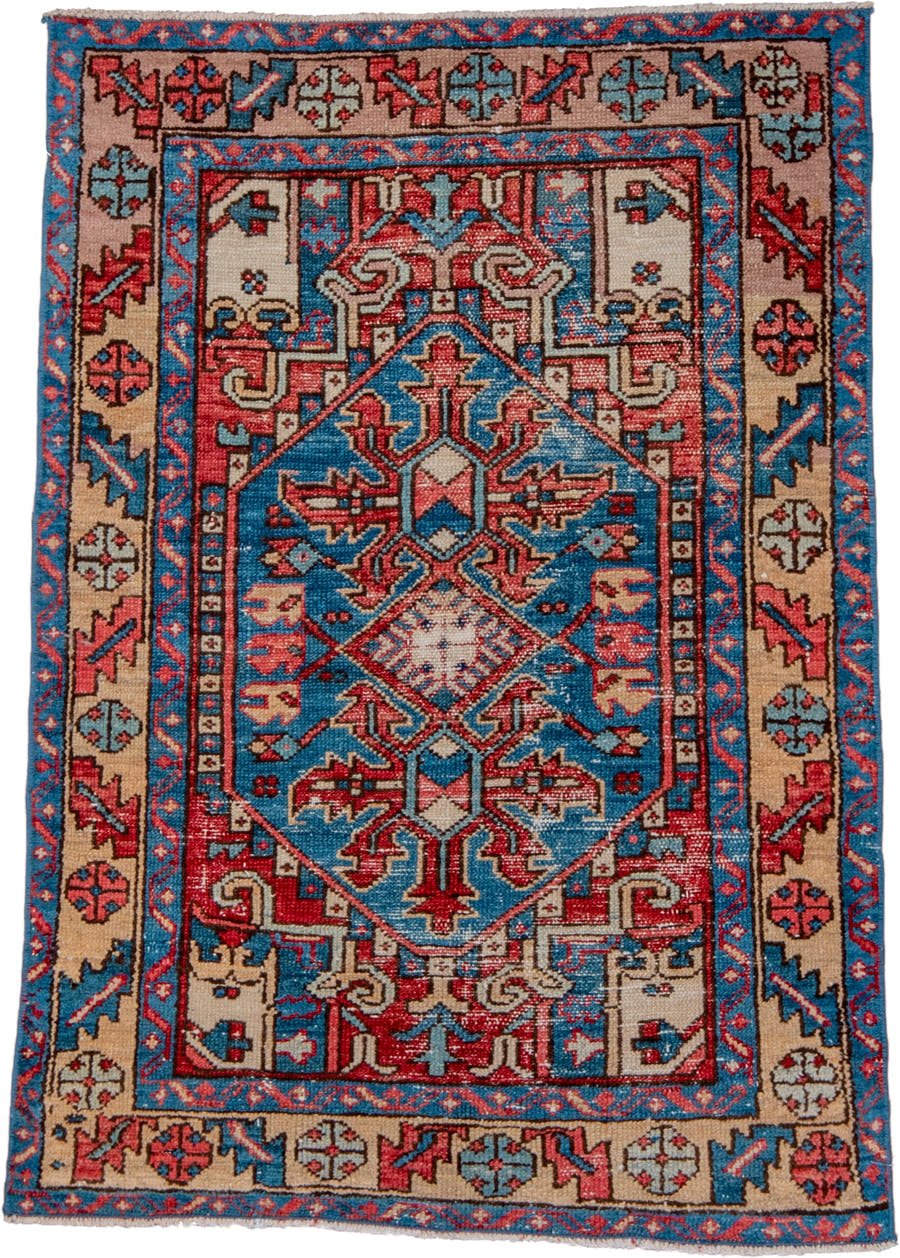 3' x 4' one-of-a-kind handmade vintage Heriz small size rug. Color palette: sky blue, ivory, crimson, navy, coral, taupe