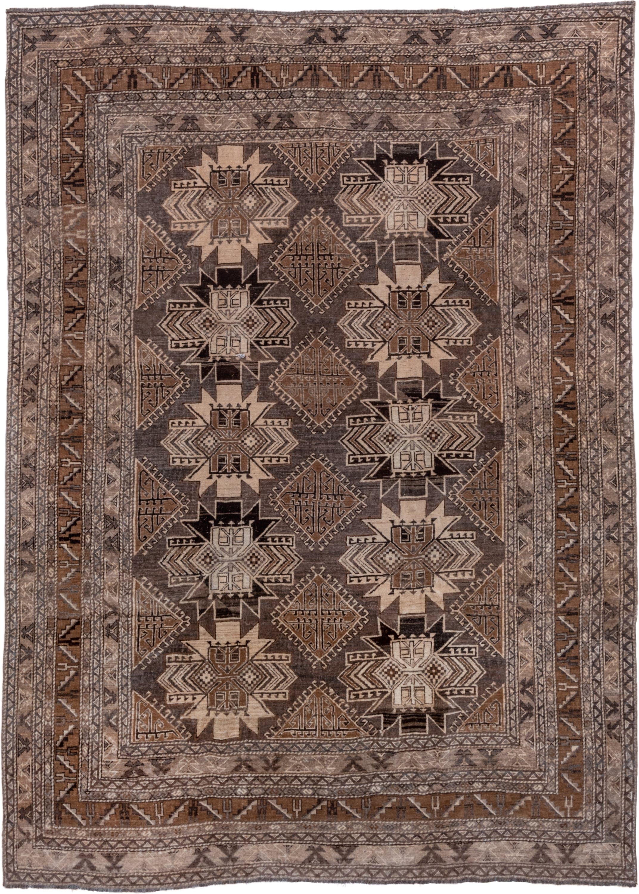 7' x 9' one-of-a-kind handmade vintage Afghan rug. Color palette: taupe, brown, ivory, charcoal, camel, beige, gray, black