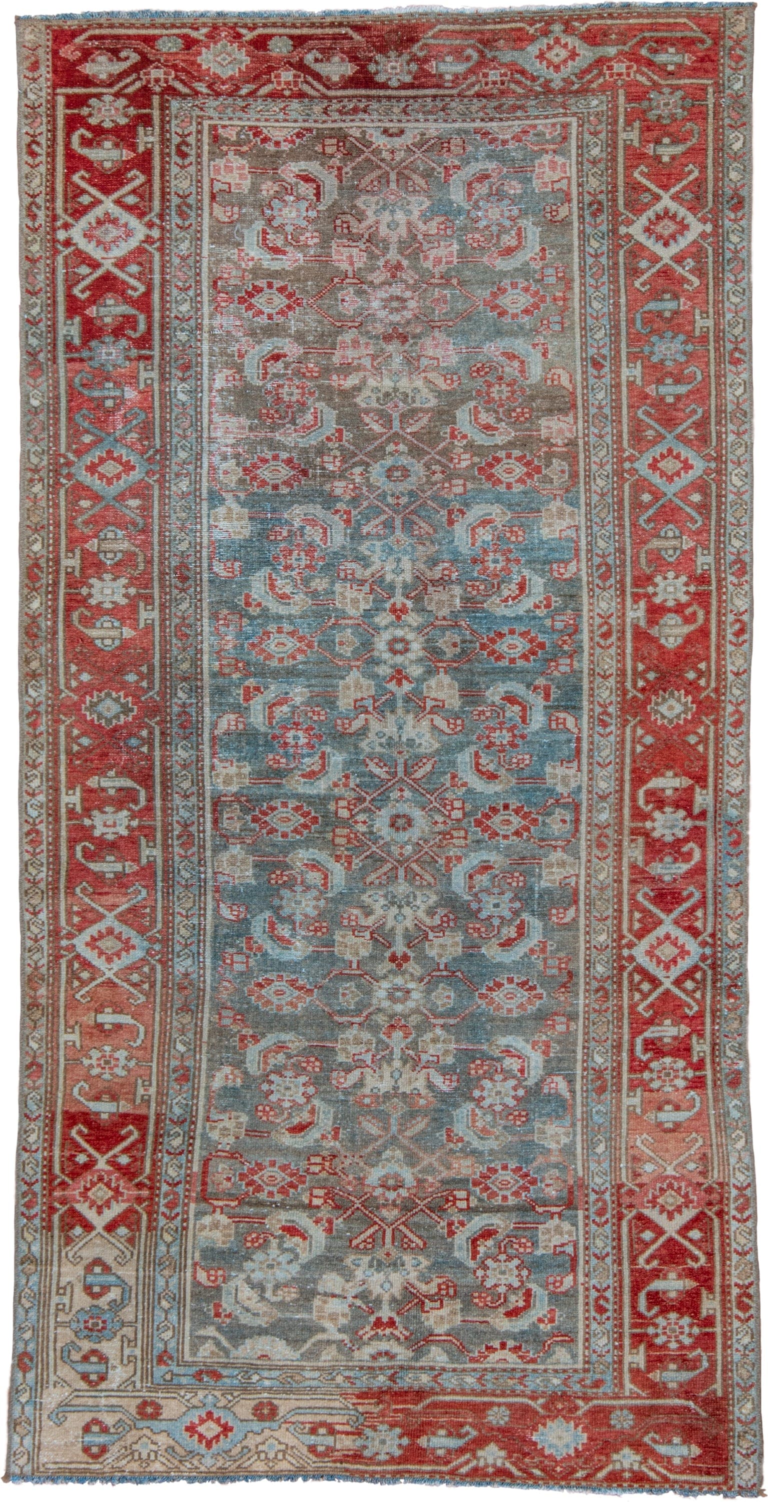 3' x 6' one-of-a-kind handmade vintage Malayer small size rug. Color palette: sky blue, rust, ivory, slate, coral, taupe