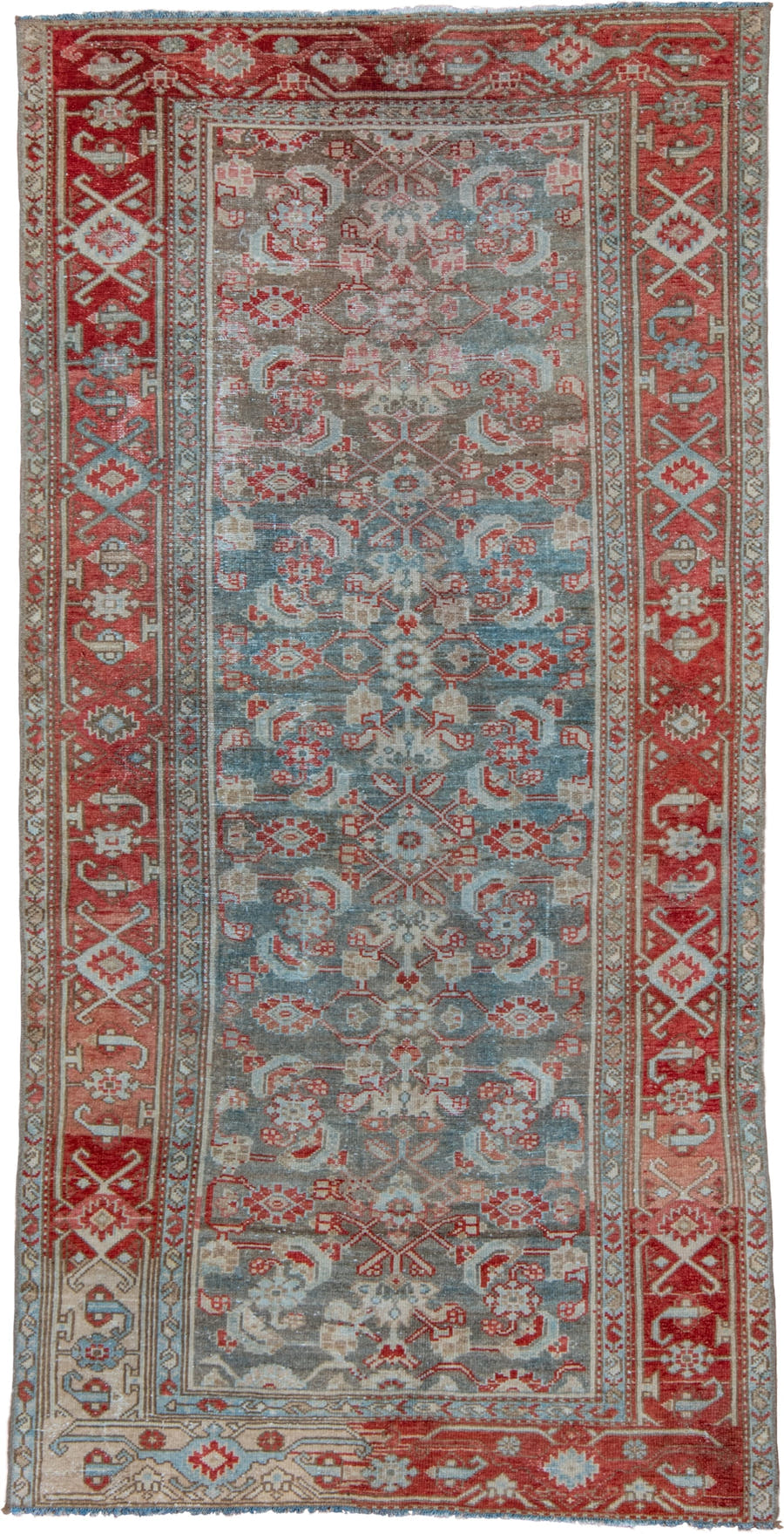 3' x 6' one-of-a-kind handmade vintage Malayer small size rug. Color palette: sky blue, rust, ivory, slate, coral, taupe