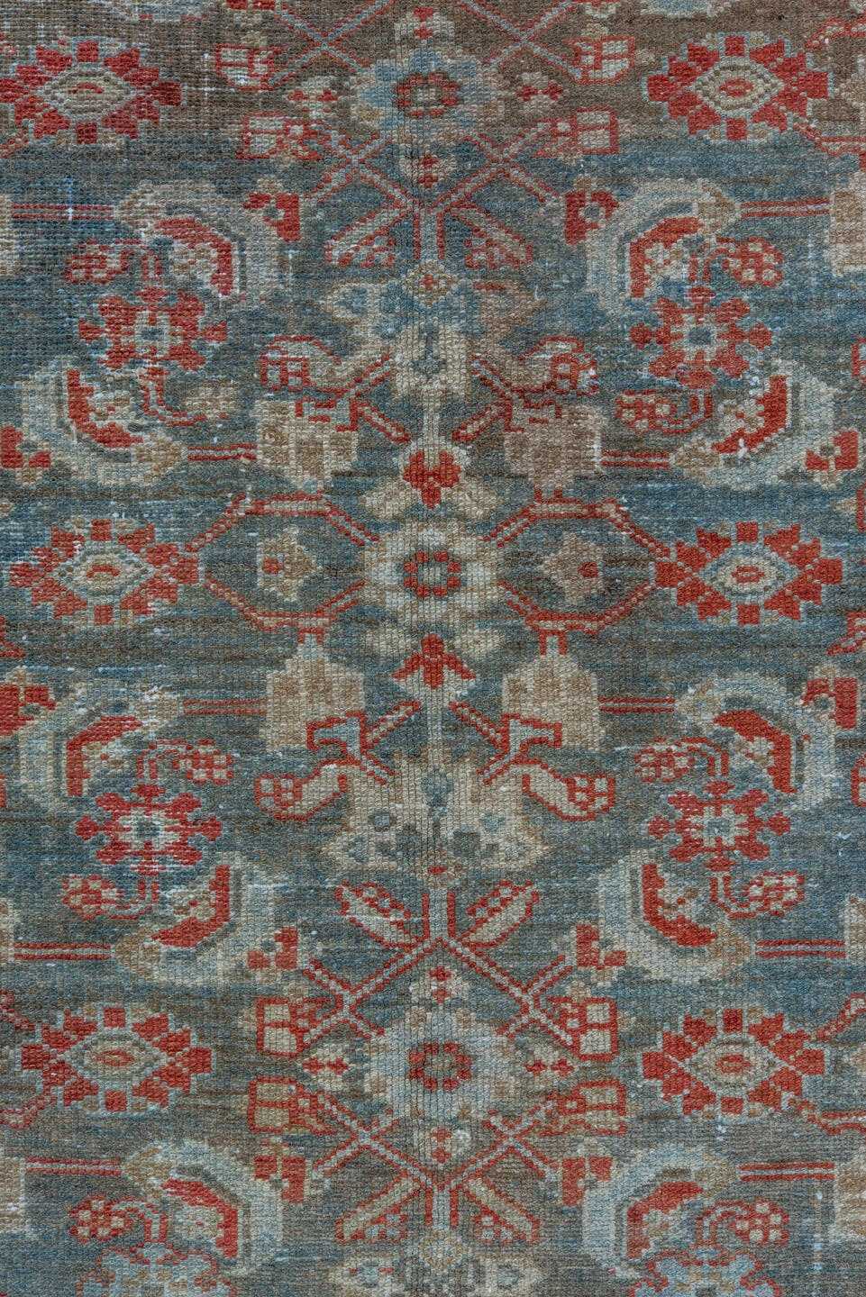3' x 6' one-of-a-kind handmade vintage Malayer small size rug. Color palette: sky blue, rust, ivory, slate, coral, taupe