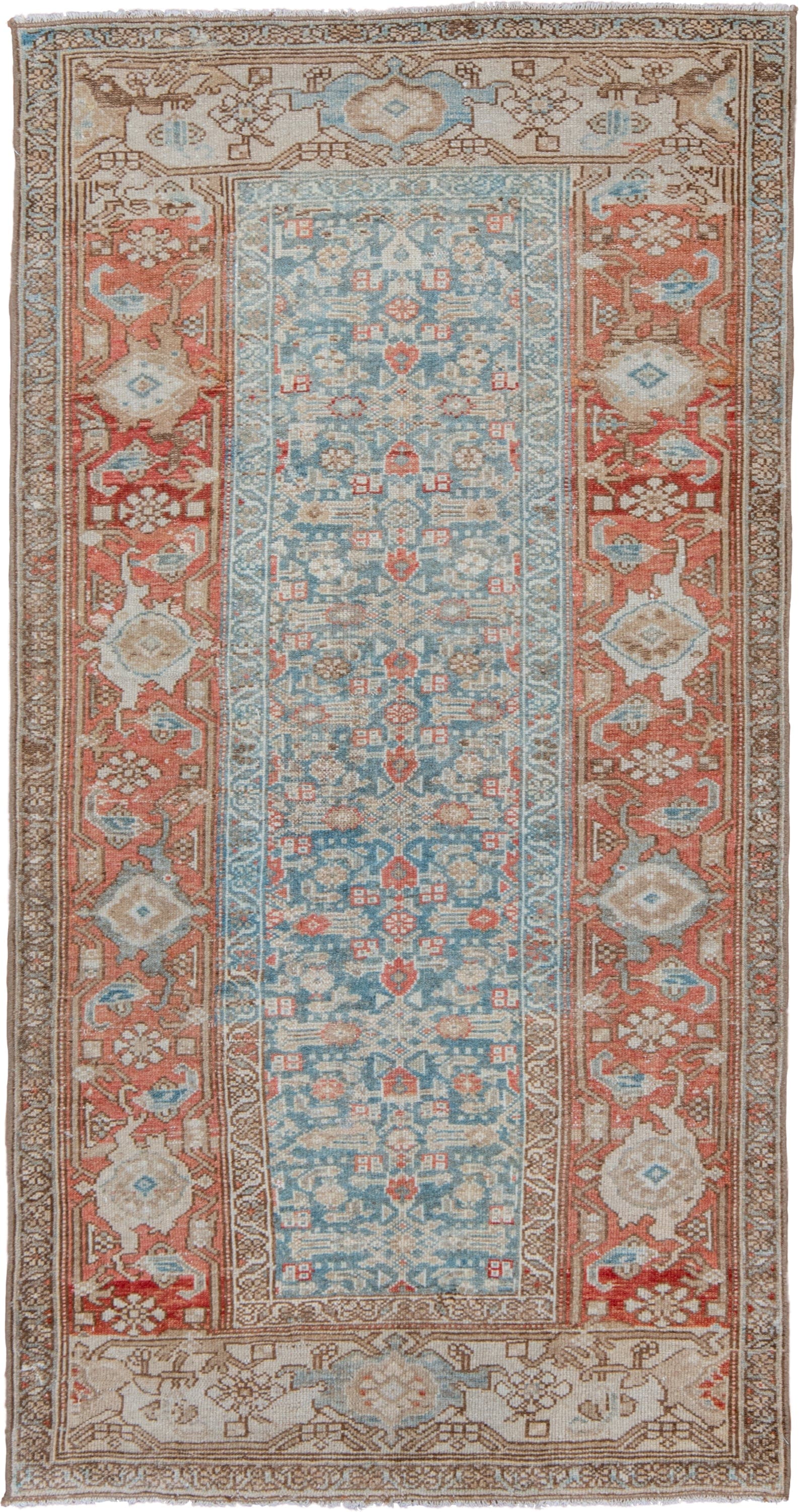 3' x 6' one-of-a-kind handmade vintage Malayer small size rug. Color palette: sky blue, ivory, rust, tan, camel, soft red