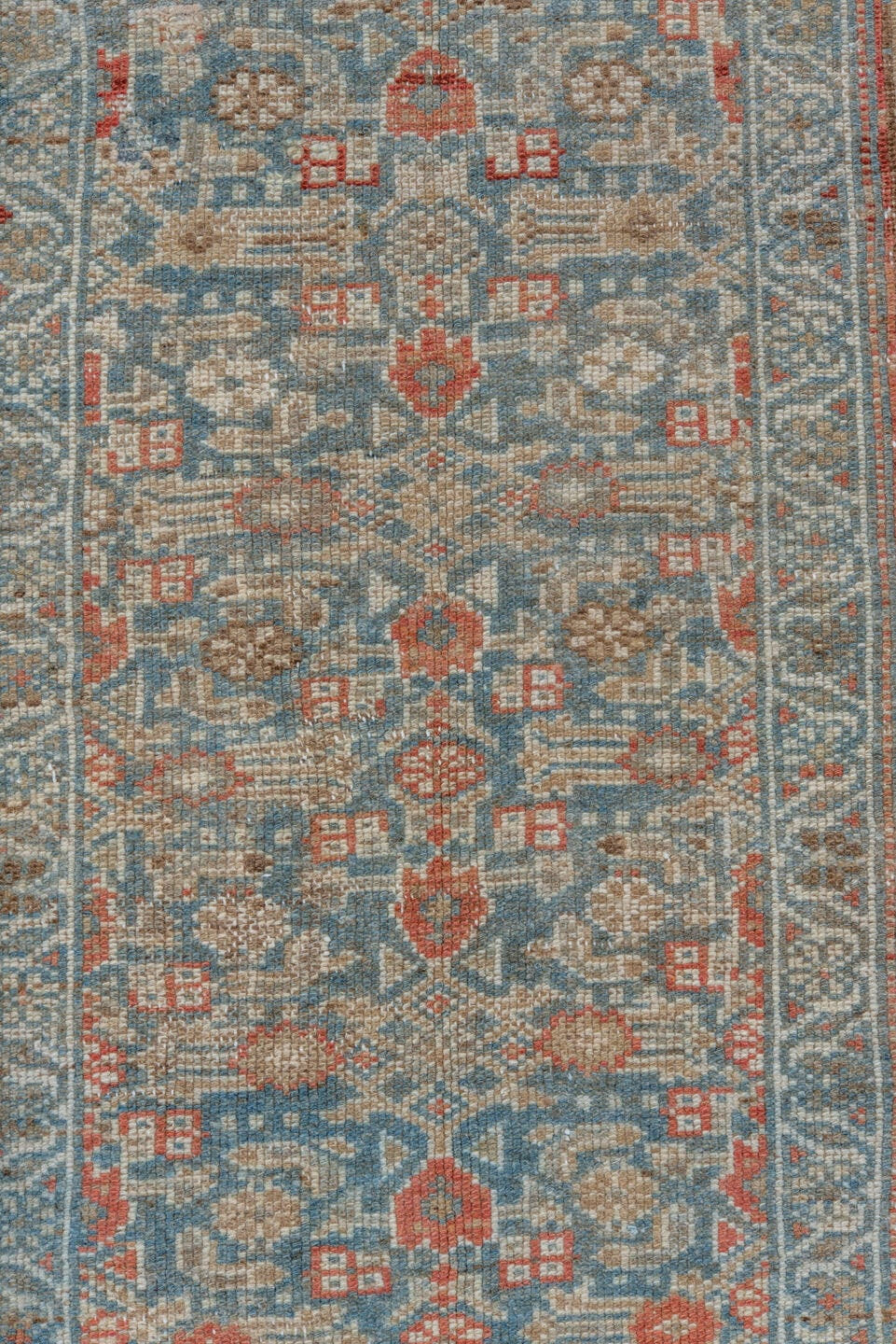 3' x 6' one-of-a-kind handmade vintage Malayer small size rug. Color palette: sky blue, ivory, rust, tan, camel, soft red