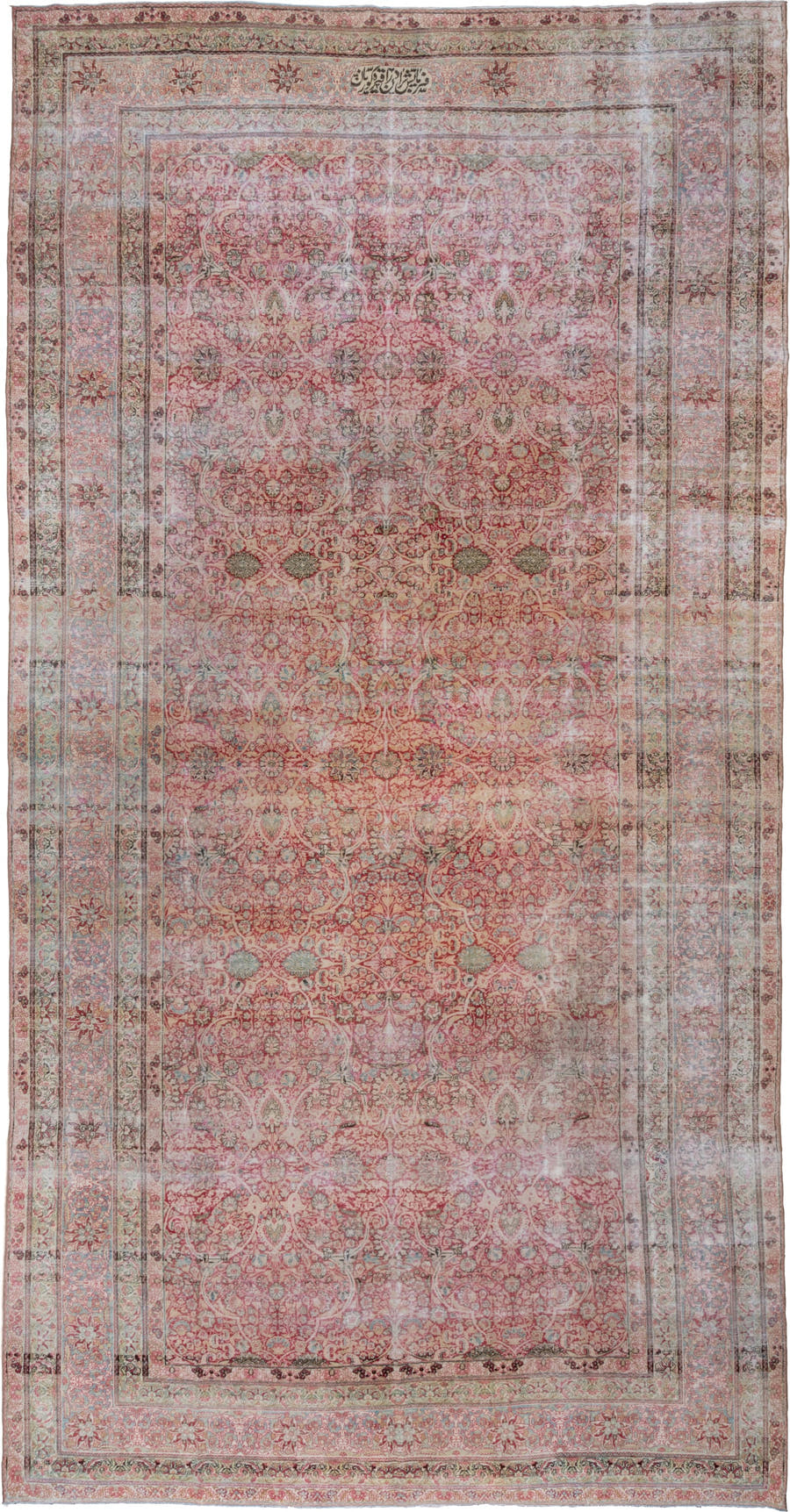 9' x 18' one-of-a-kind handmade vintage Lavar rug. Color palette: rose, ivory, blush, sage, taupe, dusty blue, burgundy