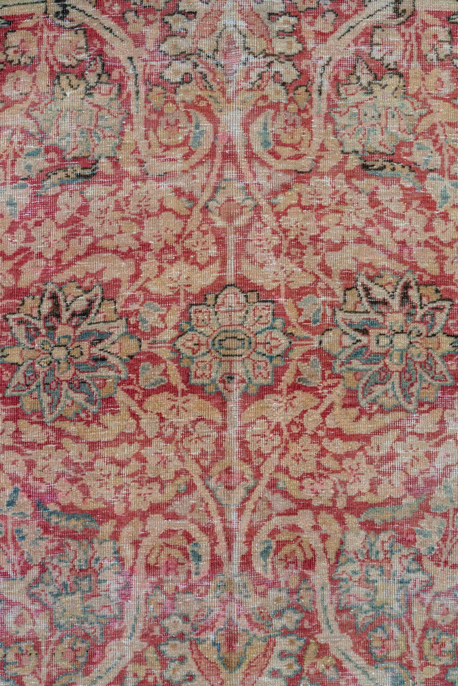 9' x 18' one-of-a-kind handmade vintage Lavar rug. Color palette: rose, ivory, blush, sage, taupe, dusty blue, burgundy