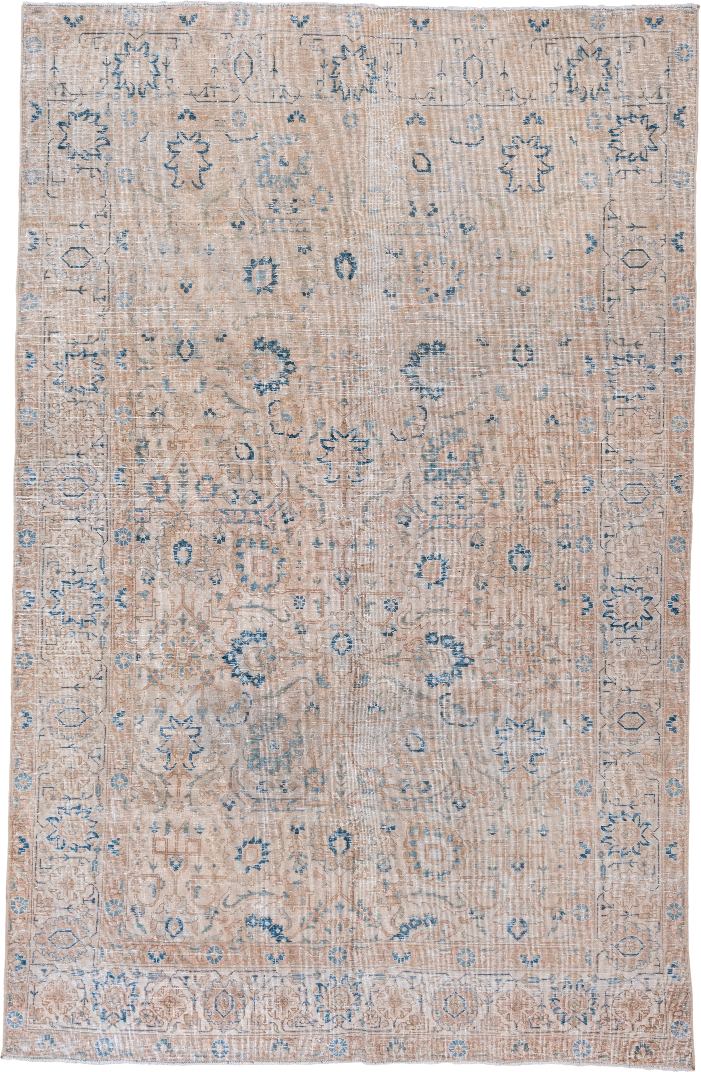 6' x 9' one-of-a-kind handmade vintage Tabriz medium size rug. Color palette: beige, sky blue, ivory, taupe, camel