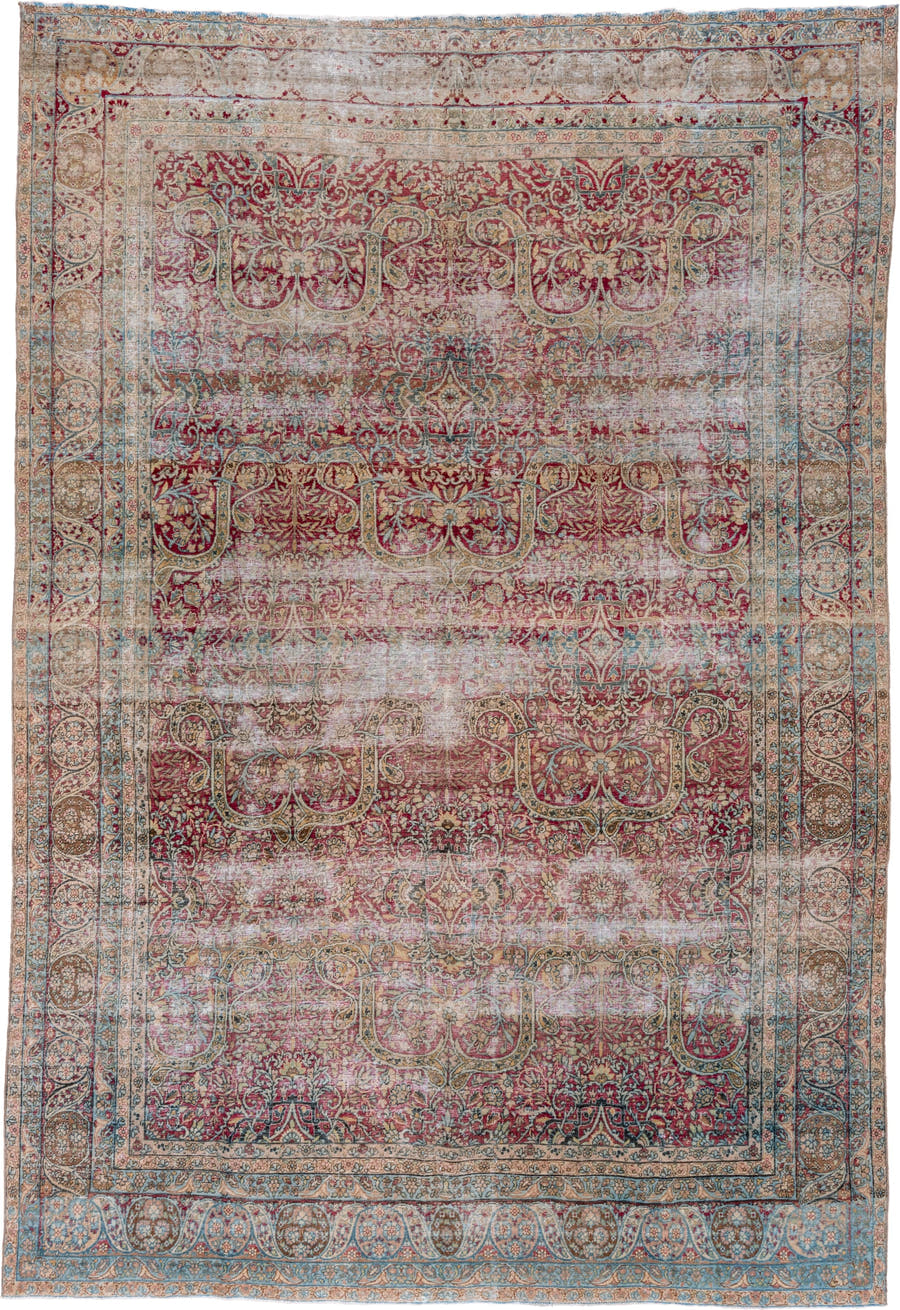 8' x 12' one-of-a-kind handmade vintage Lavar large size rug. Color palette: rose, ivory, burgundy, sky blue, beige, taupe
