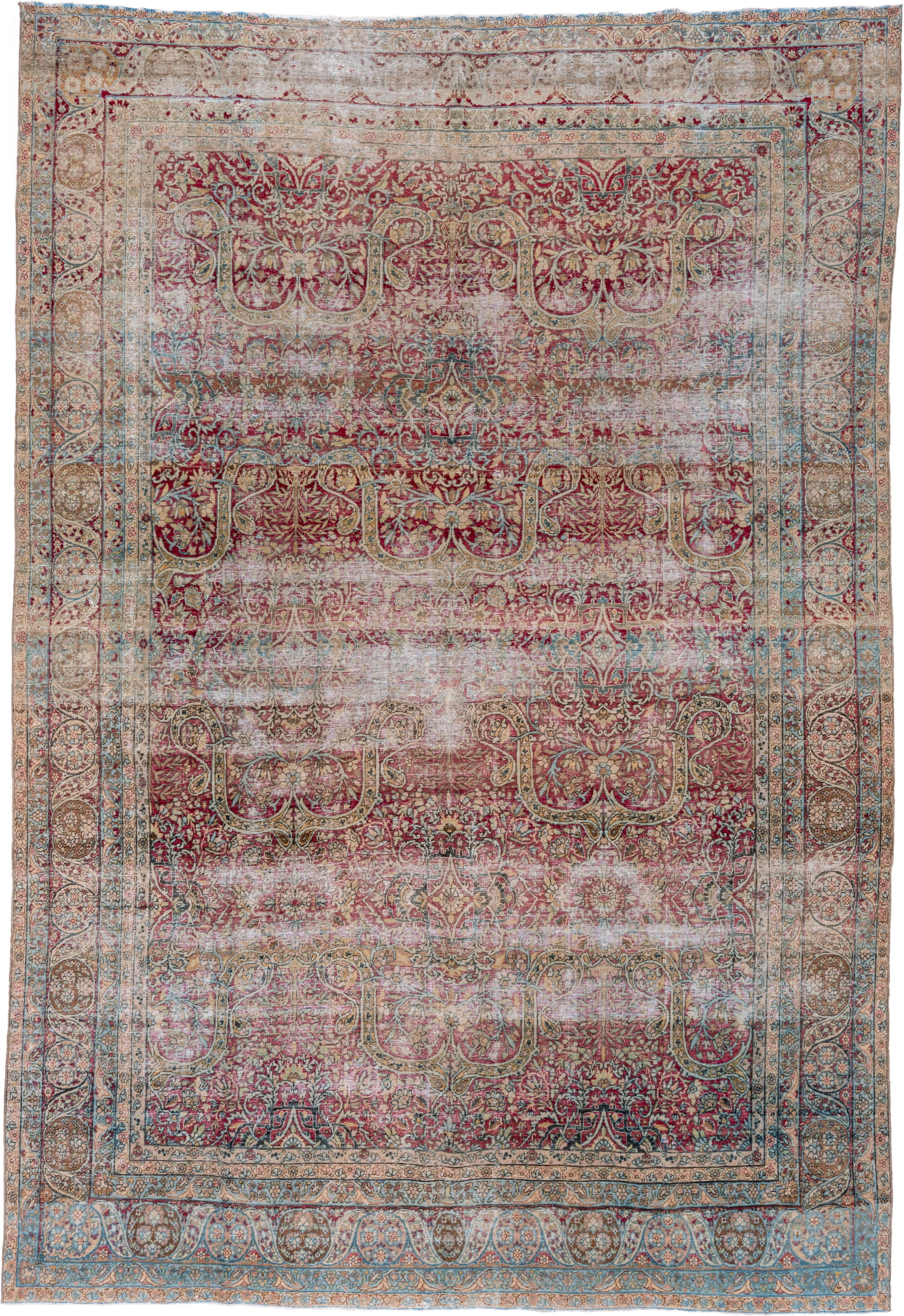 8' x 12' one-of-a-kind handmade vintage Lavar large size rug. Color palette: rose, ivory, burgundy, sky blue, beige, taupe