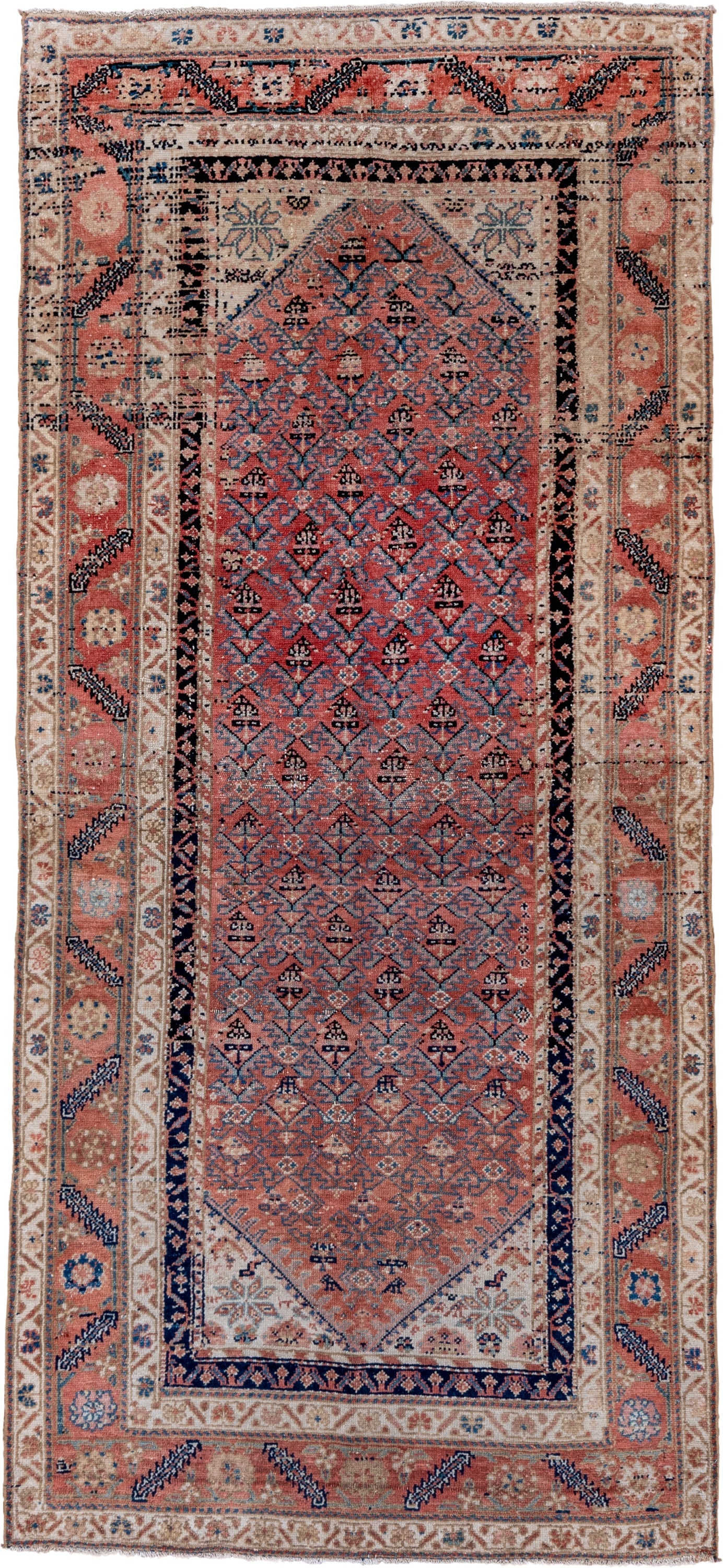 3' x 8' one-of-a-kind handmade vintage Malayer runner rug. Color palette: coral, ivory, navy, sky_blue, rose, taupe