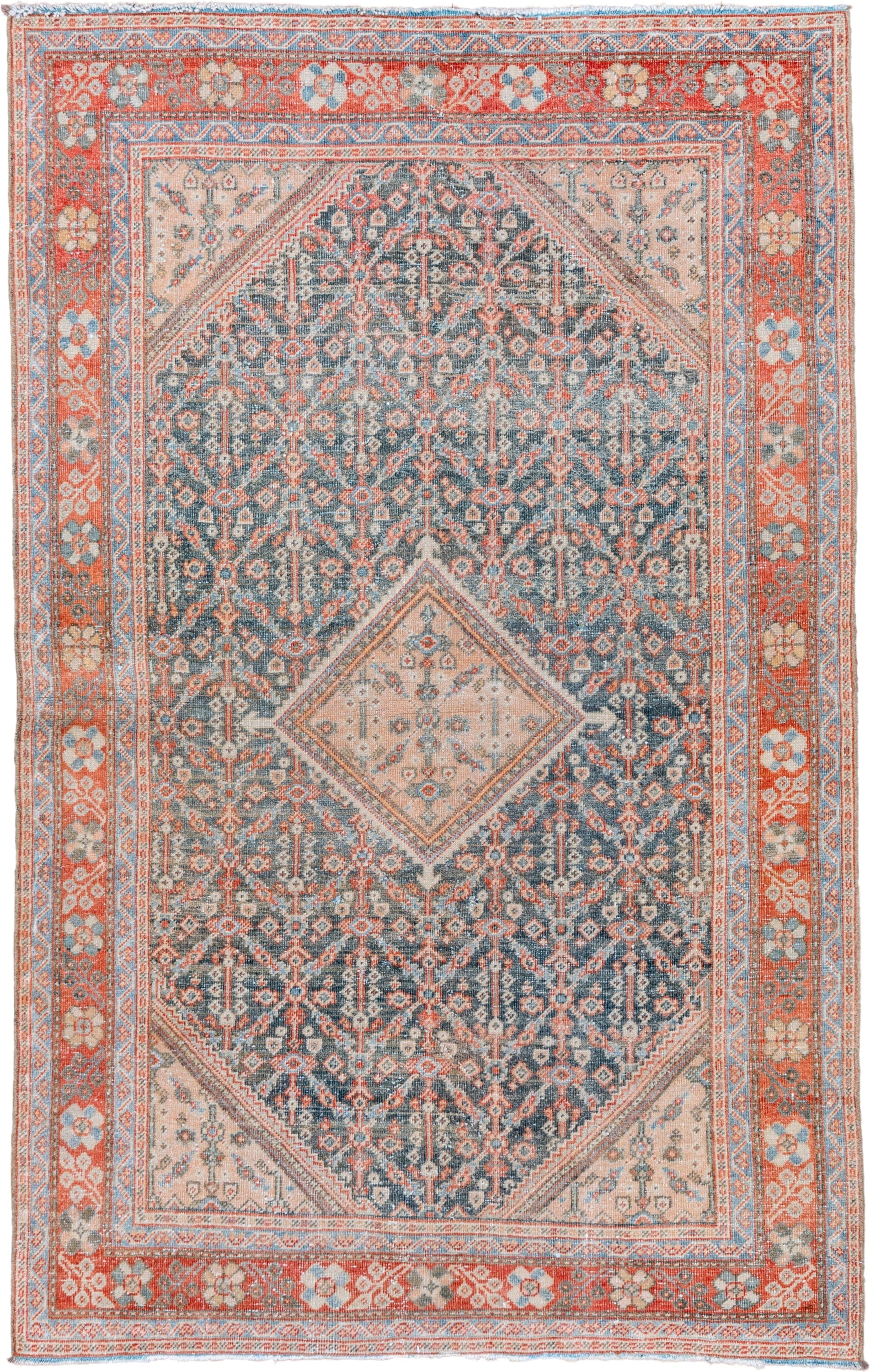 4' x 6' one-of-a-kind handmade vintage Mahal small size rug. Color palette: slate, coral, ivory, pale blue, gray, salmon