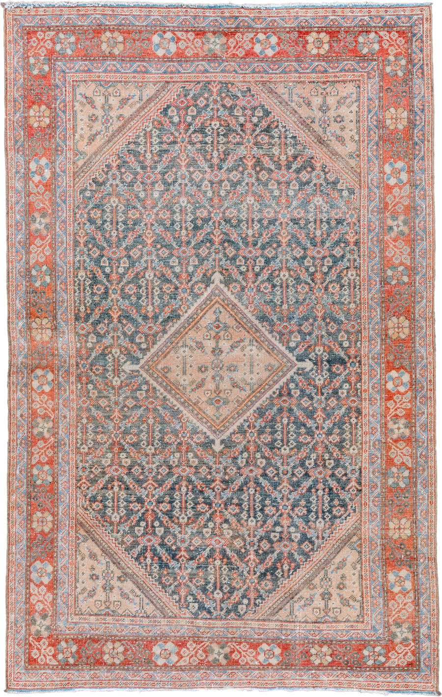 4' x 6' one-of-a-kind handmade vintage Mahal small size rug. Color palette: slate, coral, ivory, pale blue, gray, salmon