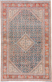4' x 6' one-of-a-kind handmade vintage Mahal small size rug. Color palette: slate, coral, ivory, pale blue, gray, salmon