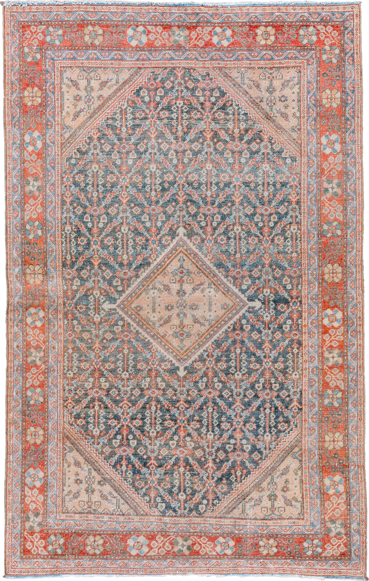 4' x 6' one-of-a-kind handmade vintage Mahal small size rug. Color palette: slate, coral, ivory, pale blue, gray, salmon