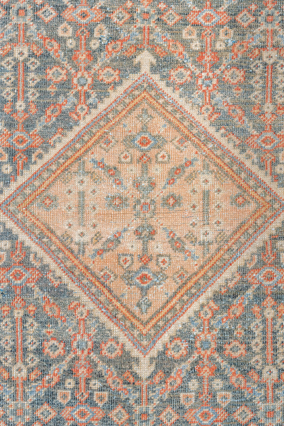 4' x 6' one-of-a-kind handmade vintage Mahal small size rug. Color palette: slate, coral, ivory, pale blue, gray, salmon