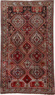 4' x 7' one-of-a-kind handmade vintage Shirvan rug. Color palette: ivory, crimson, charcoal, camel, taupe, mahogany, red