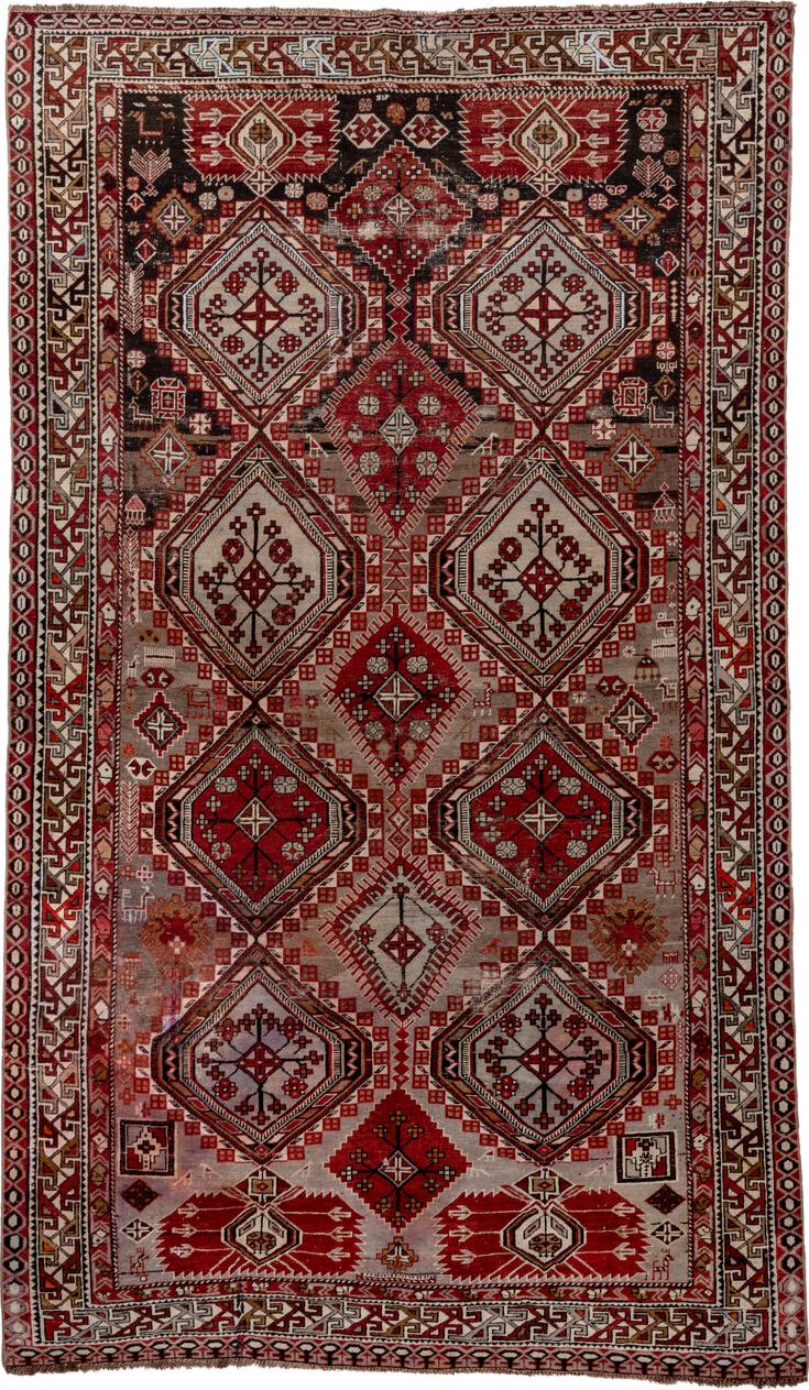 4' x 7' one-of-a-kind handmade vintage Shirvan rug. Color palette: ivory, crimson, charcoal, camel, taupe, mahogany, red