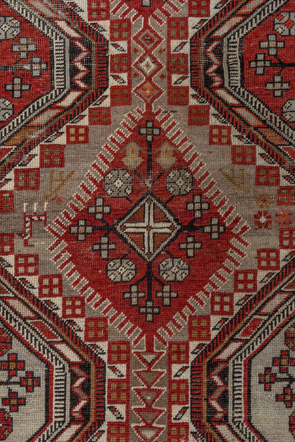 4' x 7' one-of-a-kind handmade vintage Shirvan rug. Color palette: ivory, crimson, charcoal, camel, taupe, mahogany, red