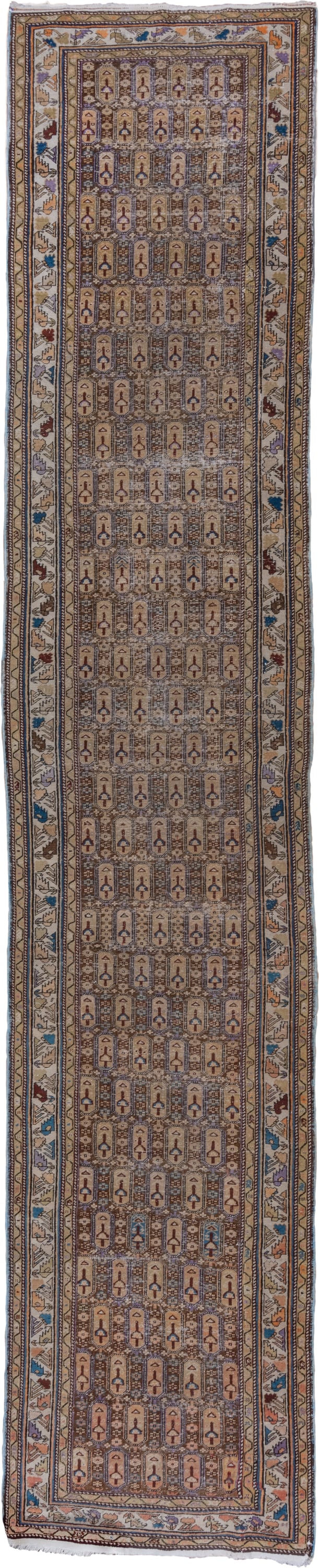 3' x 18' one-of-a-kind handmade vintage Shirvan runner rug. Color palette: ivory, camel, taupe, slate, rust, blue, brown
