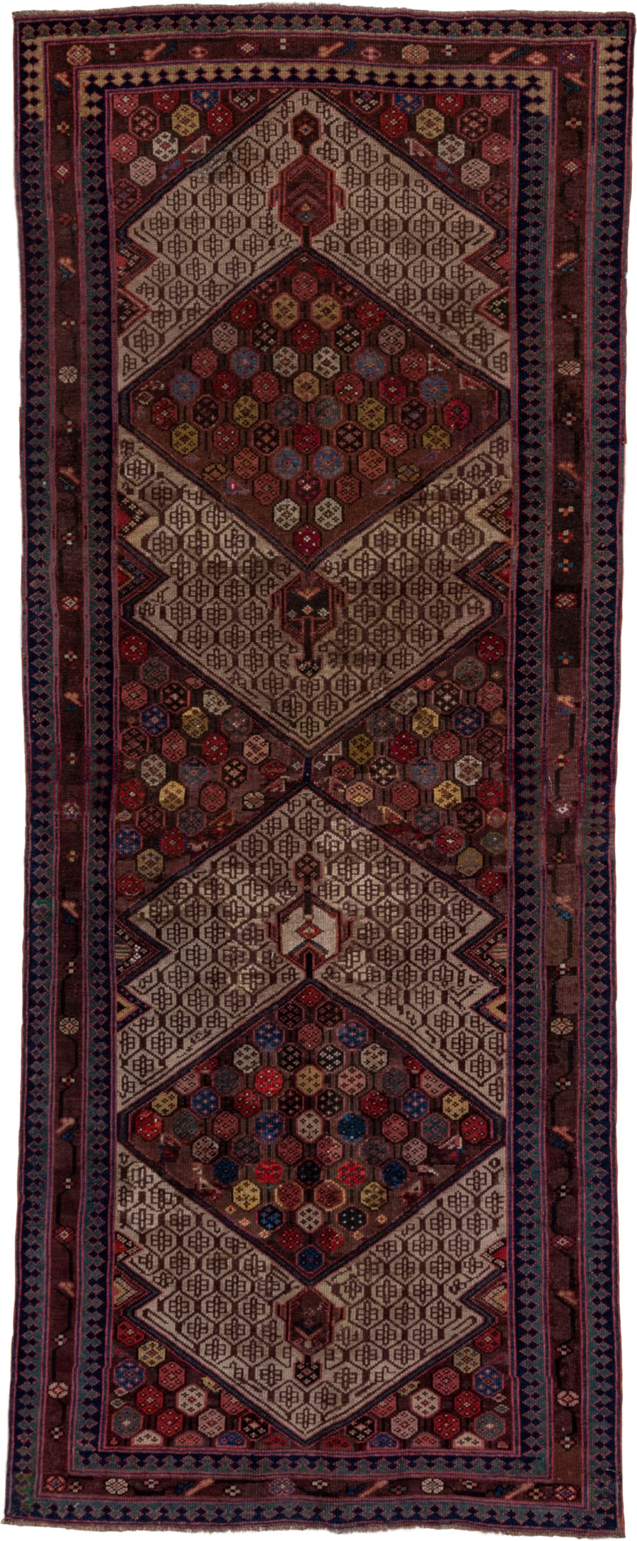 4' x 10' one-of-a-kind handmade vintage Cam Hamadan runner rug. Color palette: ivory, burgundy, navy, rust, brown, rose