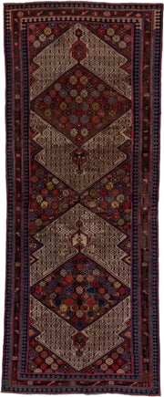 4' x 10' one-of-a-kind handmade vintage Cam Hamadan runner rug. Color palette: ivory, burgundy, navy, rust, brown, rose
