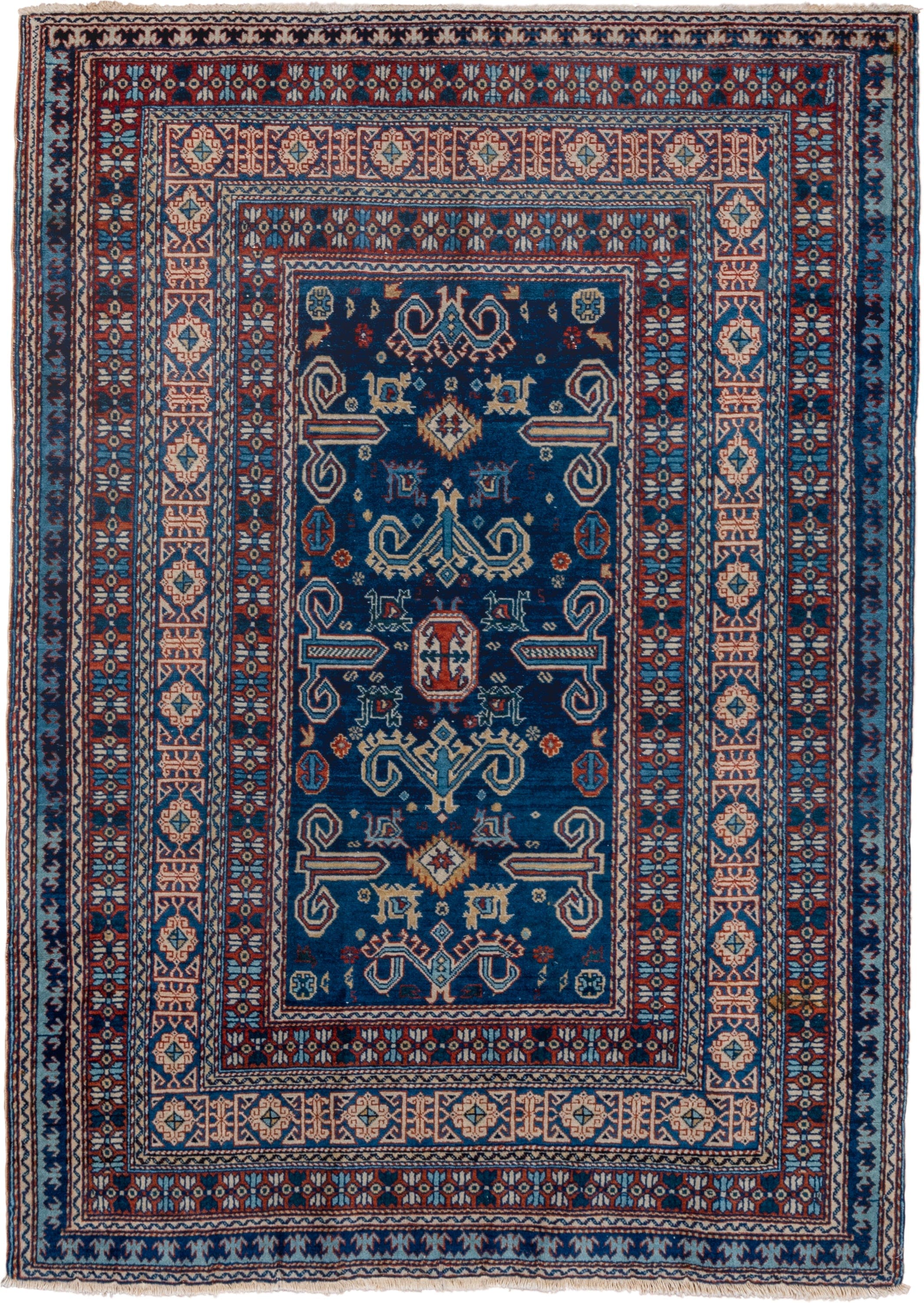 4' x 5' one-of-a-kind handmade vintage Shirvan small size rug. Color palette: navy, ivory, rust, sky_blue, crimson, camel