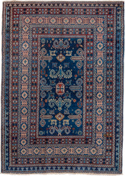 4' x 5' one-of-a-kind handmade vintage Shirvan small size rug. Color palette: navy, ivory, rust, sky_blue, crimson, camel