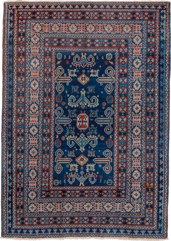 4' x 5' one-of-a-kind handmade vintage Shirvan small size rug. Color palette: navy, ivory, rust, sky_blue, crimson, camel