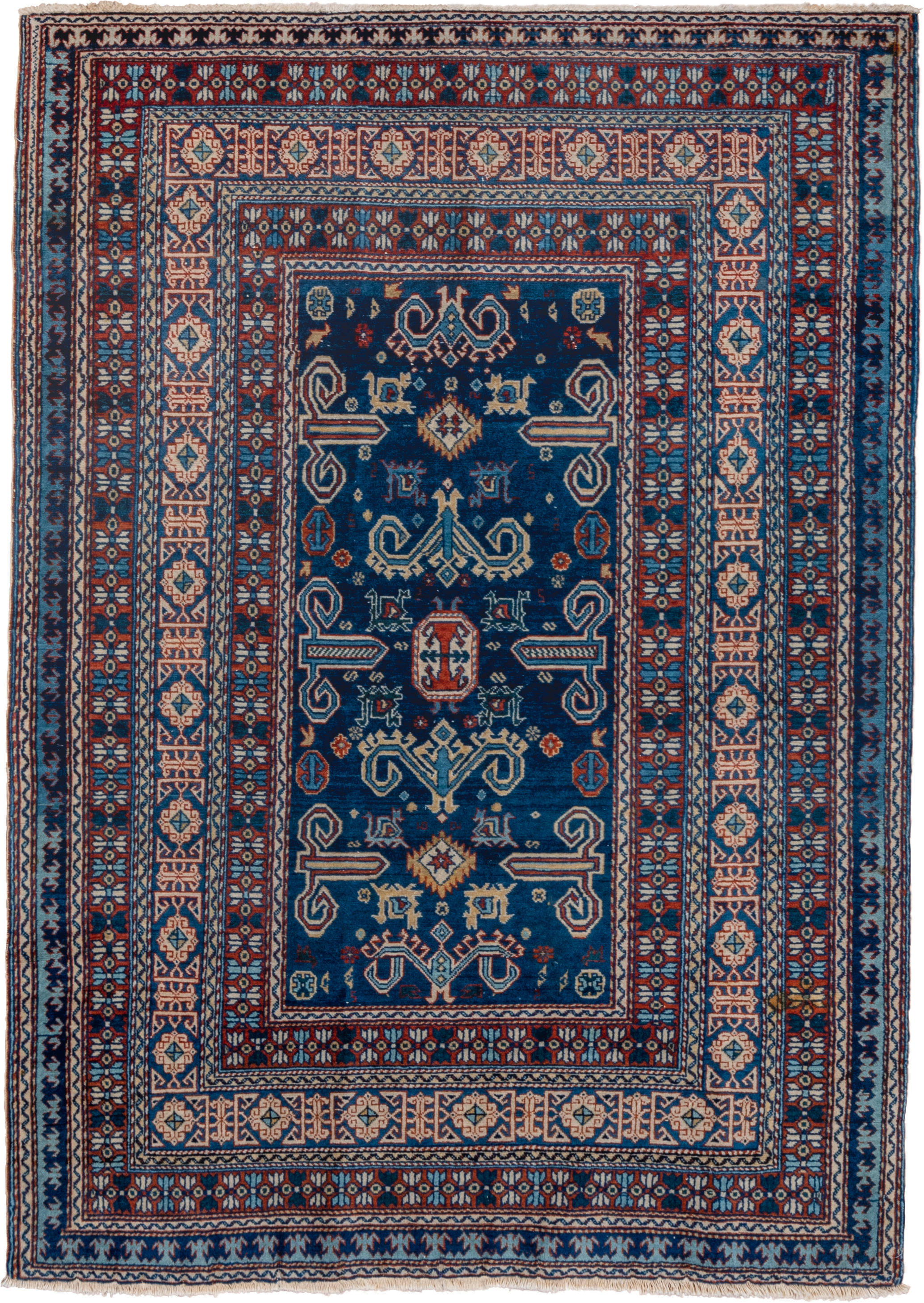 4' x 5' one-of-a-kind handmade vintage Shirvan small size rug. Color palette: navy, ivory, rust, sky_blue, crimson, camel