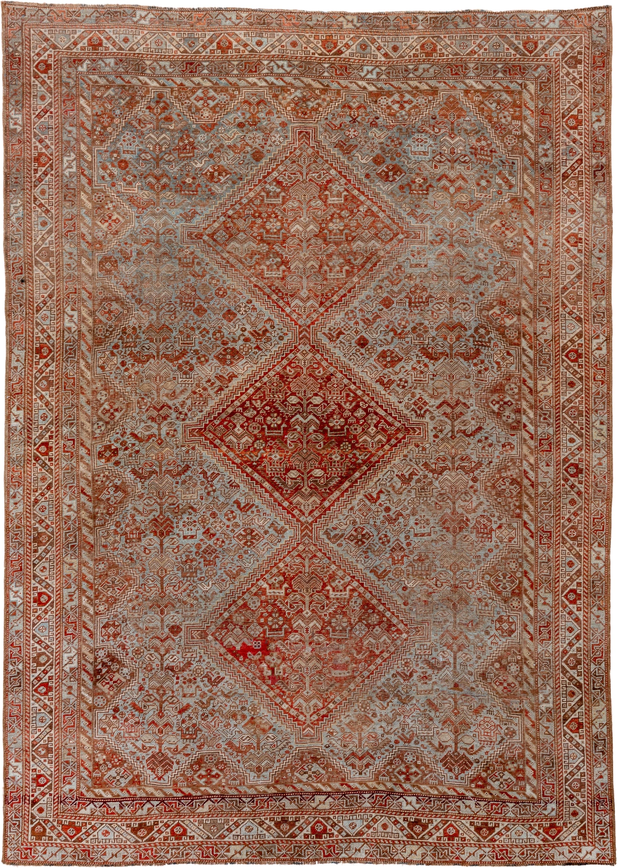 7' x 10' one-of-a-kind handmade vintage Shiraz large size rug. Color palette: rust, ivory, terra cotta, sky blue, camel