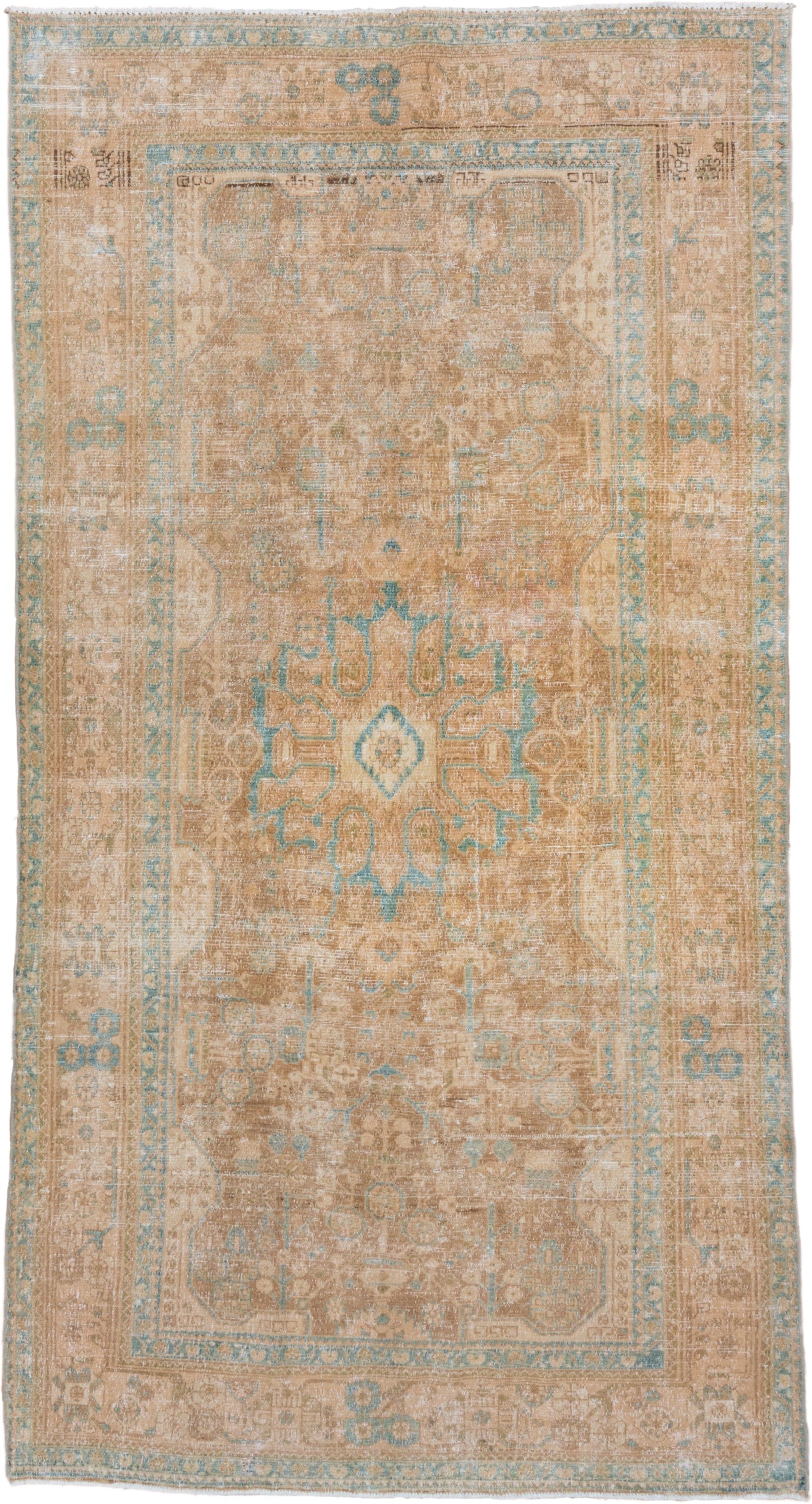 5' x 10' one-of-a-kind handmade vintage Malayer medium size rug. Color palette: tan, ivory, pale blue, taupe, camel, beige