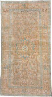5' x 10' one-of-a-kind handmade vintage Malayer medium size rug. Color palette: tan, ivory, pale blue, taupe, camel, beige
