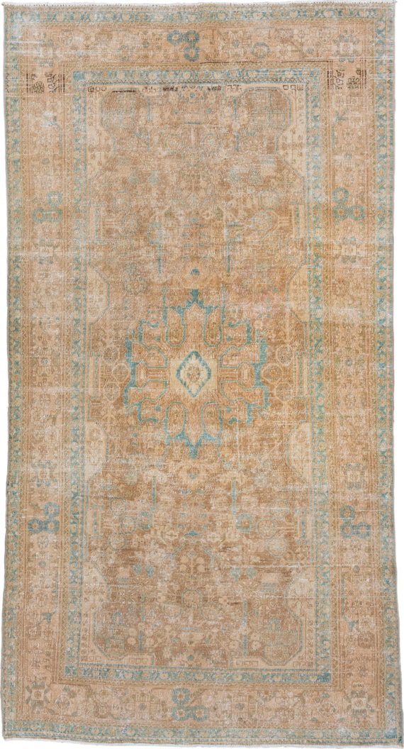 5' x 10' one-of-a-kind handmade vintage Malayer medium size rug. Color palette: tan, ivory, pale blue, taupe, camel, beige