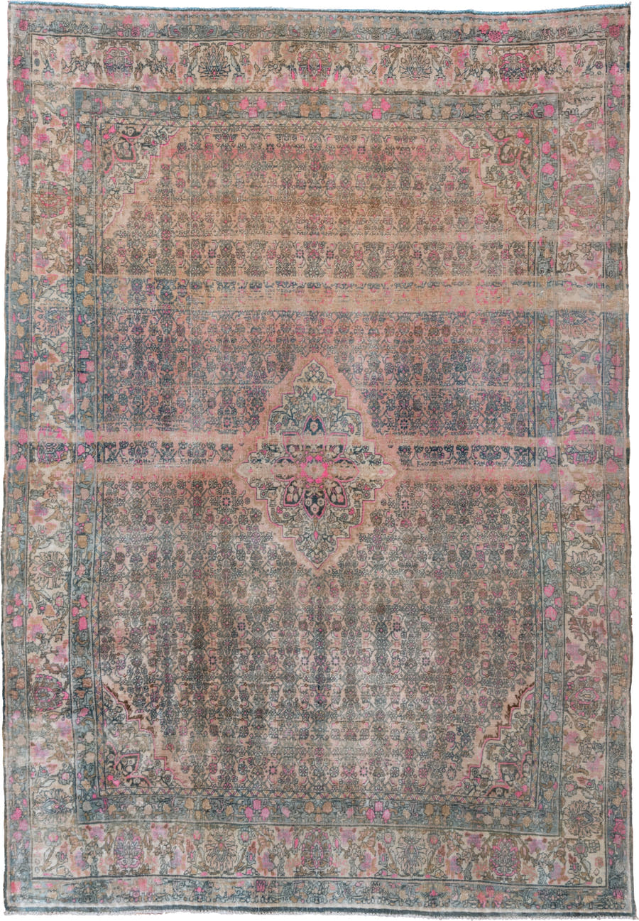 7' x 10' one-of-a-kind handmade vintage Bidjar large size rug. Color palette: taupe, slate, ivory, rose, charcoal, camel