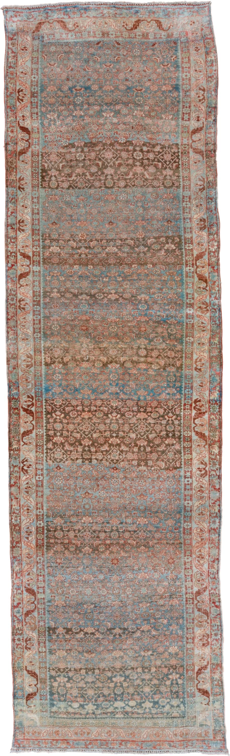 4' x 14' one-of-a-kind handmade vintage Bidjar runner rug. Color palette: sky blue, ivory, rust, taupe, brown, terracotta