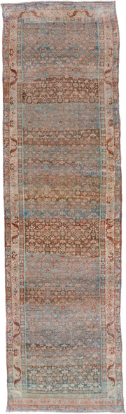 4' x 14' one-of-a-kind handmade vintage Bidjar runner rug. Color palette: sky blue, ivory, rust, taupe, brown, terracotta