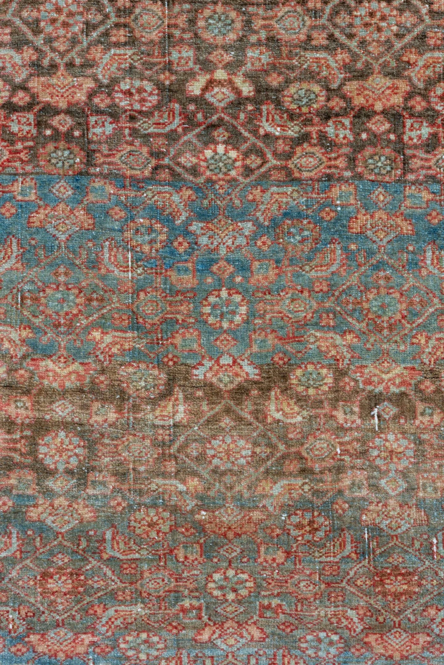 4' x 14' one-of-a-kind handmade vintage Bidjar runner rug. Color palette: sky blue, ivory, rust, taupe, brown, terracotta