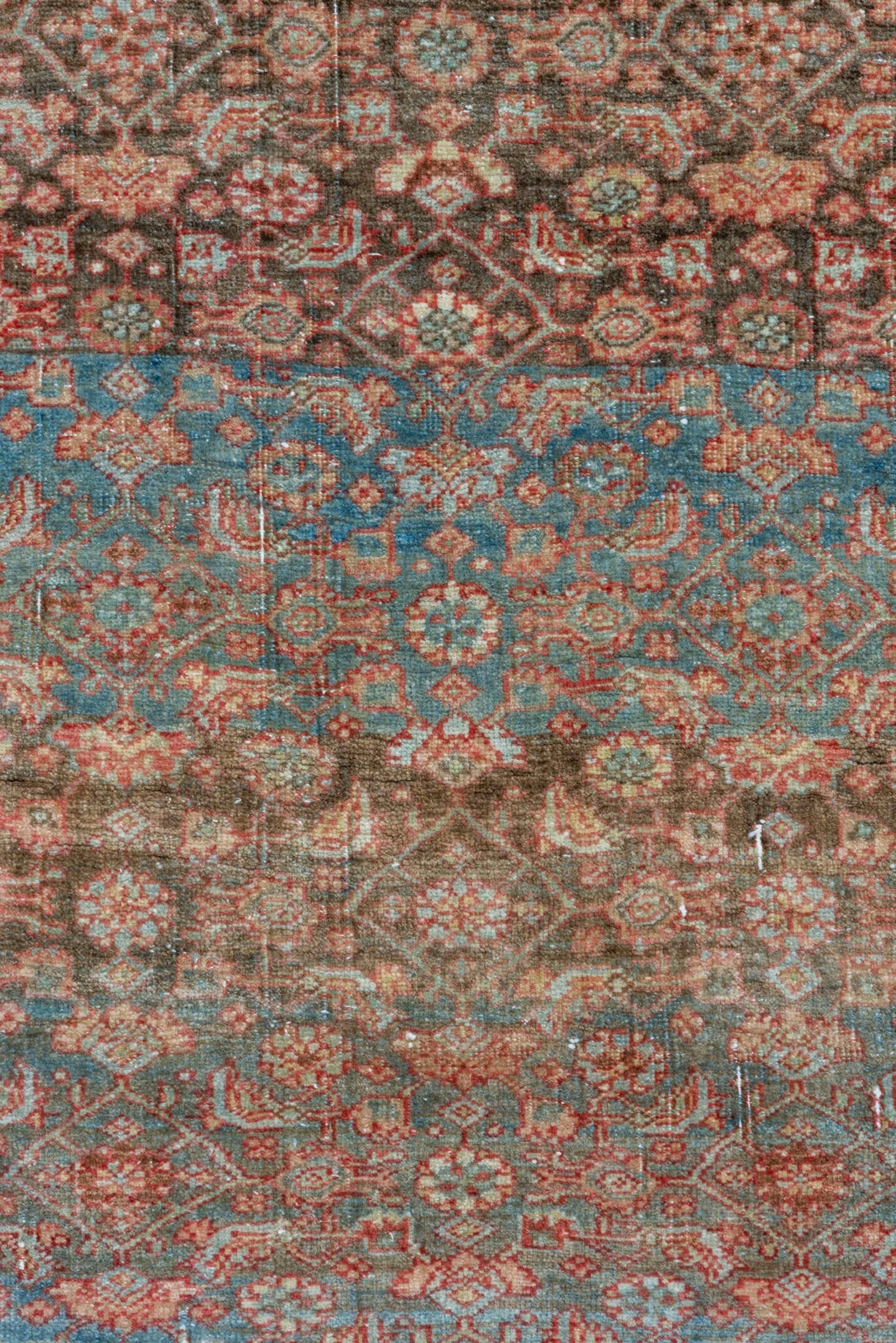 4' x 14' one-of-a-kind handmade vintage Bidjar runner rug. Color palette: sky blue, ivory, rust, taupe, brown, terracotta
