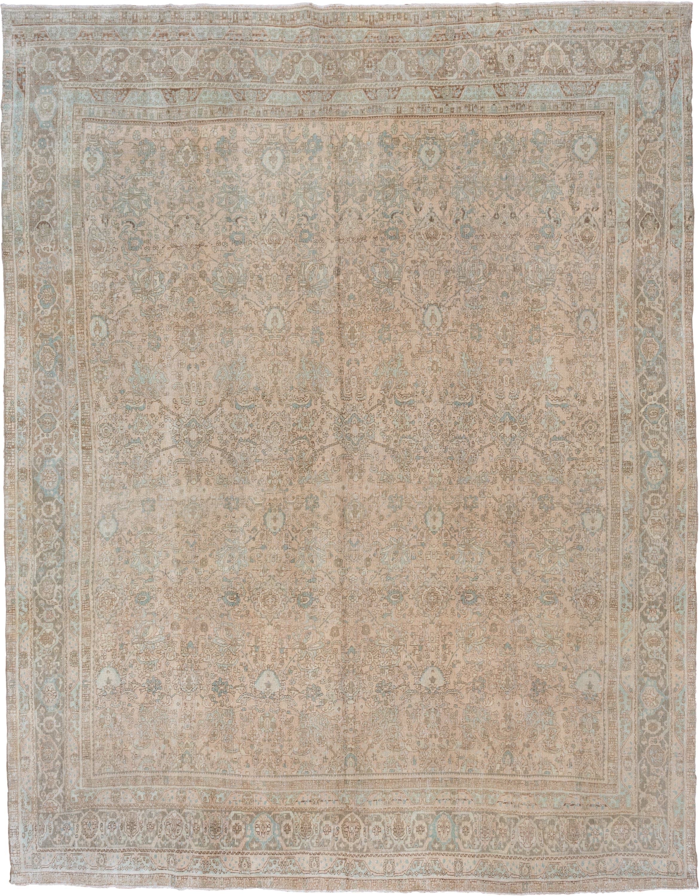 10' x 13' one-of-a-kind handmade vintage Bidjar large size rug. Color palette: beige, taupe, ivory, pale aqua, sand, camel