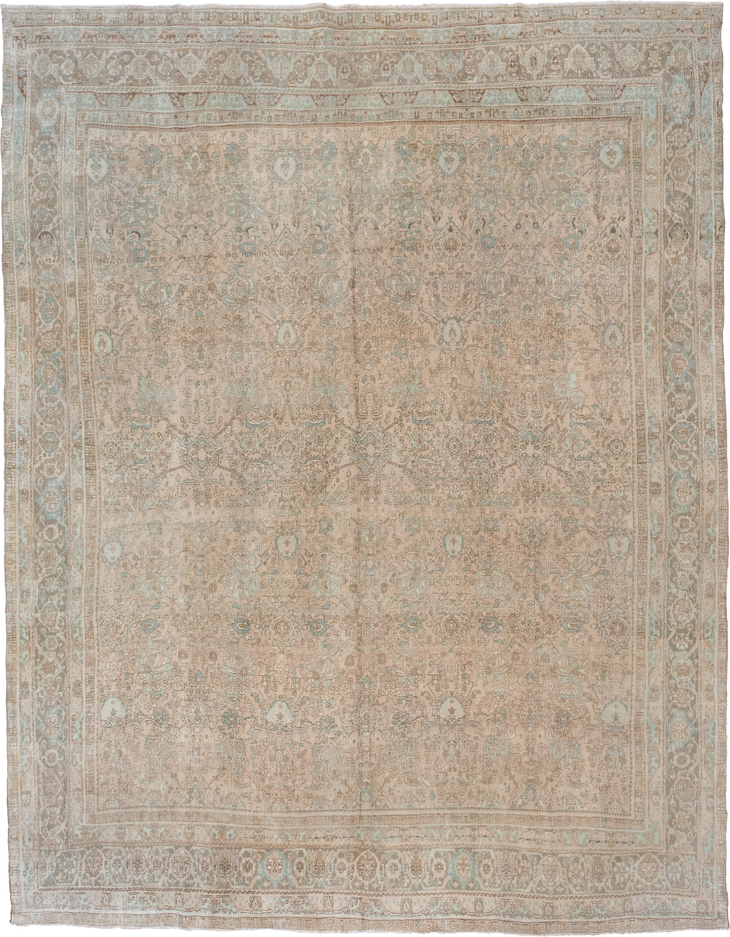 10' x 13' one-of-a-kind handmade vintage Bidjar large size rug. Color palette: beige, taupe, ivory, pale aqua, sand, camel