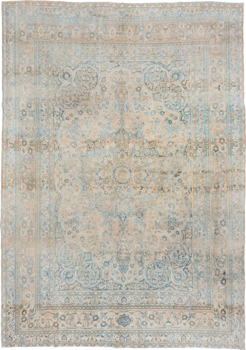 8' x 11' one-of-a-kind handmade vintage Khorassan large size rug. Color palette: ivory, pale blue, beige, taupe, sand, slate
