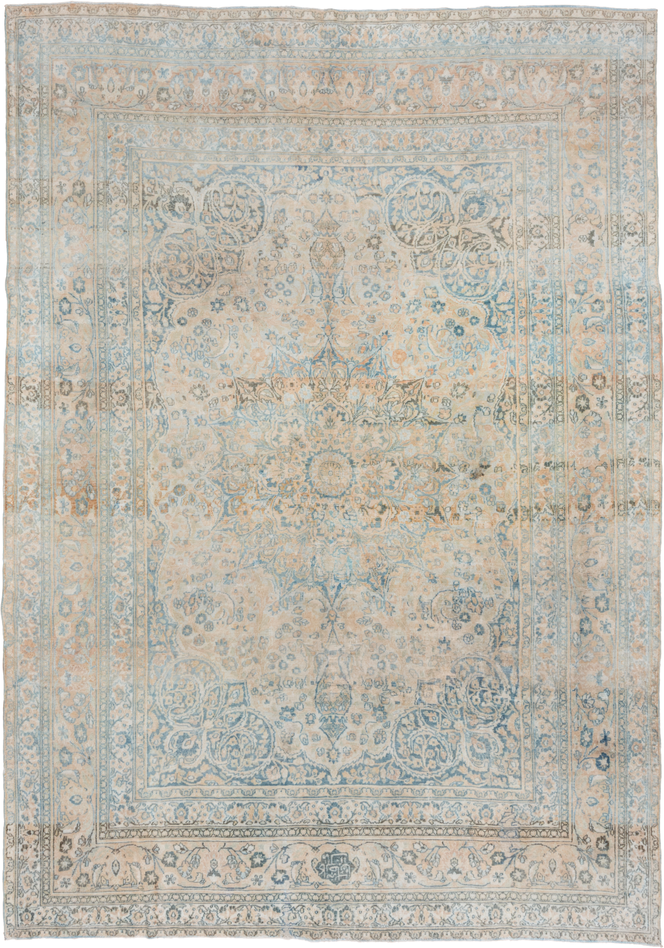 8' x 11' one-of-a-kind handmade vintage Khorassan large size rug. Color palette: ivory, pale blue, beige, taupe, sand, slate