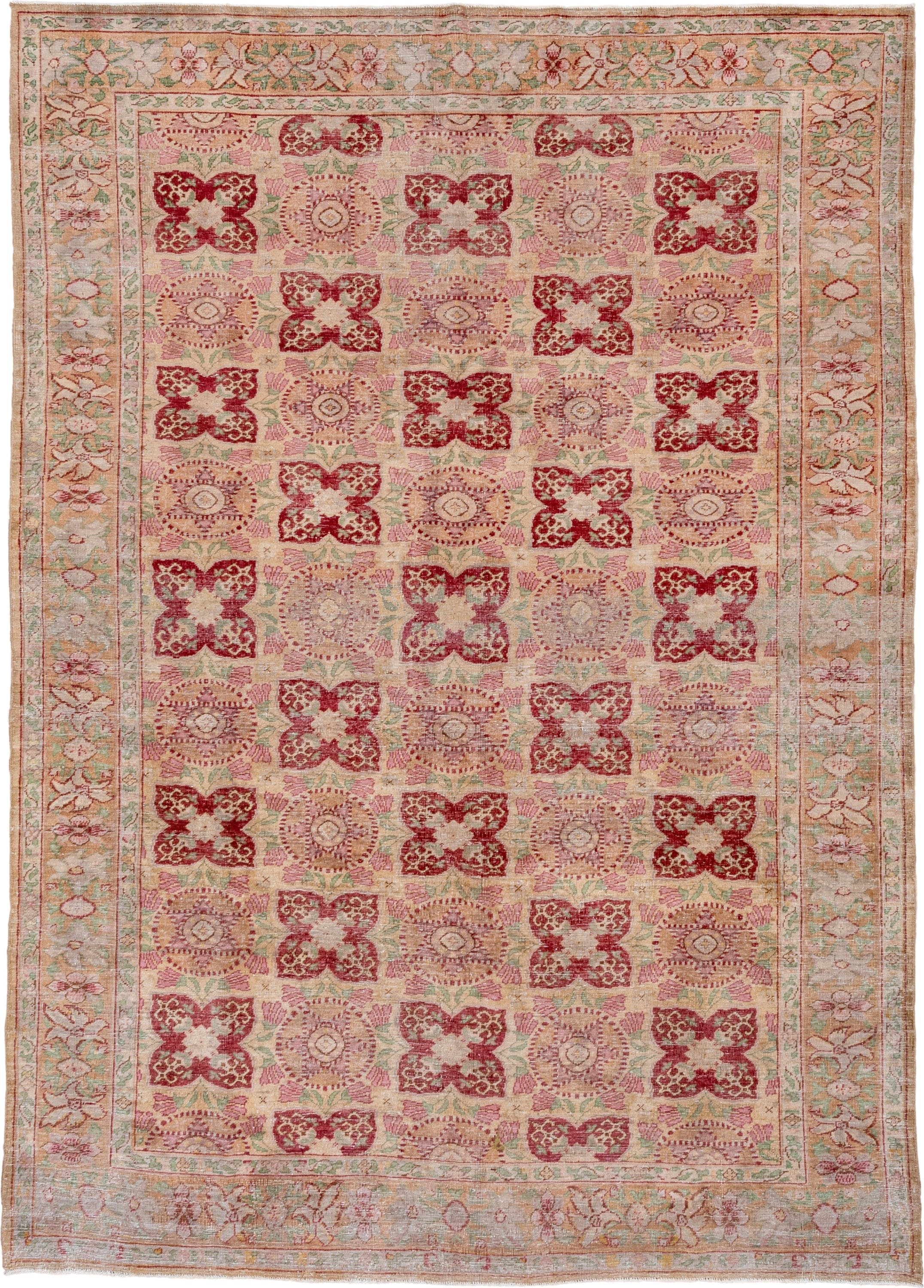 7' x 11' one-of-a-kind handmade vintage Oushak large size rug. Color palette: ivory, rose, sage, burgundy, blush, taupe