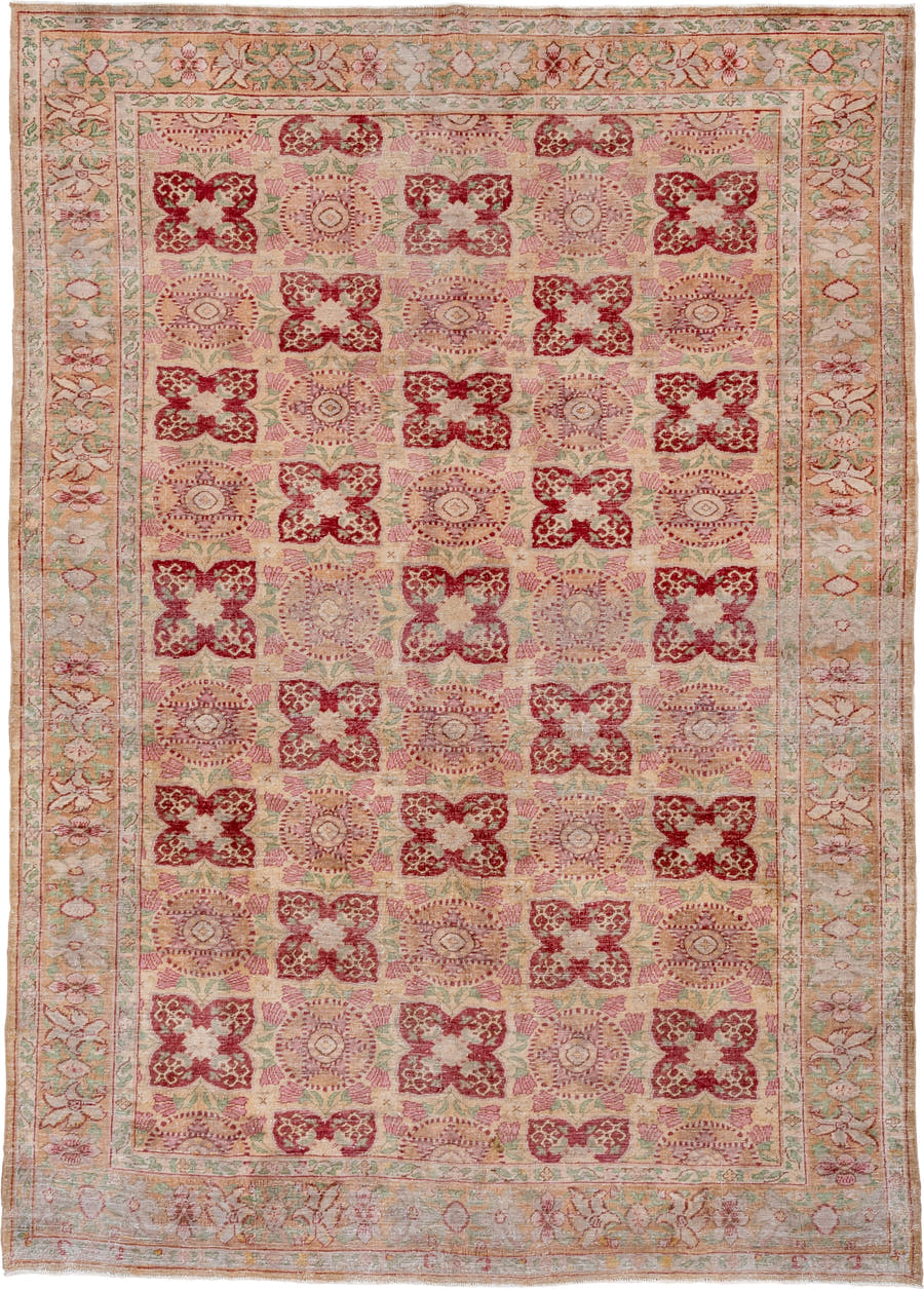 7' x 11' one-of-a-kind handmade vintage Oushak large size rug. Color palette: ivory, rose, sage, burgundy, blush, taupe