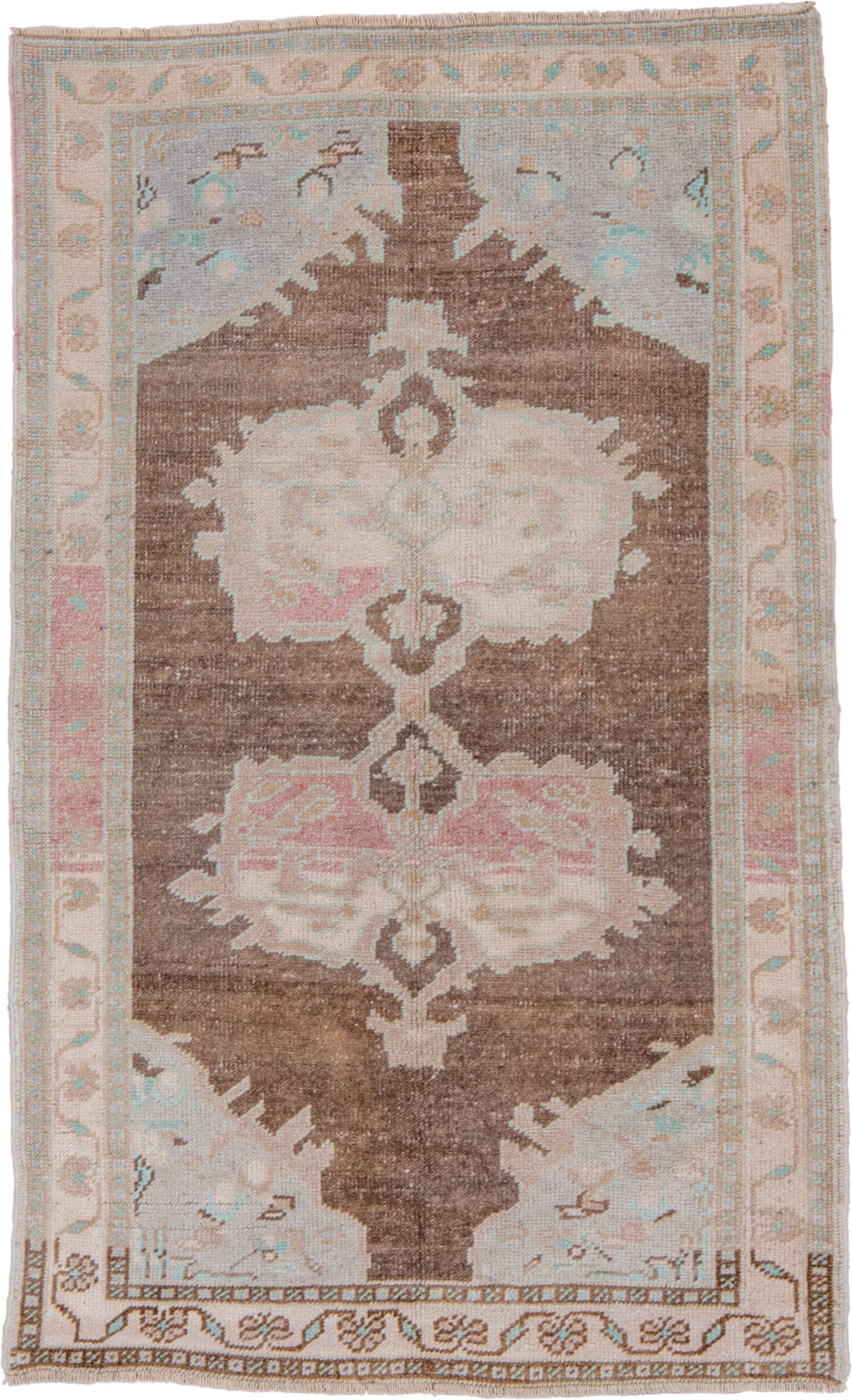 3' x 5' one-of-a-kind handmade vintage Oushak small size rug. Color palette: brown, ivory, taupe, blush, pale aqua, cream