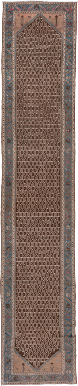 3' x 16' one-of-a-kind handmade vintage Malayer runner rug. Color palette: brown, taupe, sky_blue, camel, ivory, rust, beige